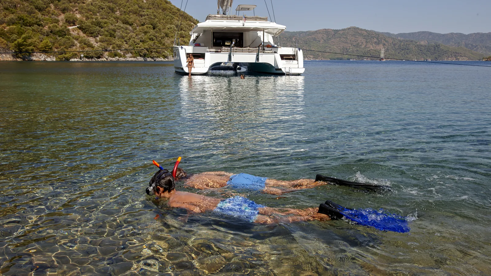 Snorkelling behind the boat, Fountaine Pajot Ipanema 58