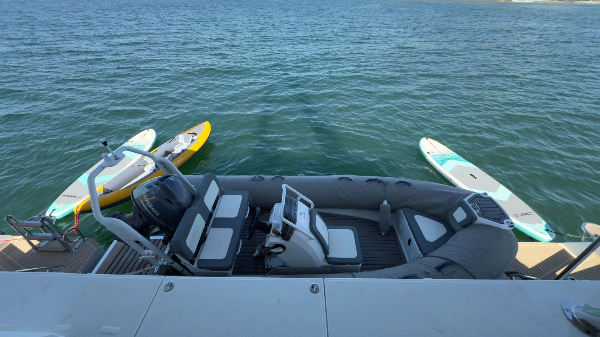 Watersports equipment on the transom of SY Catalyst